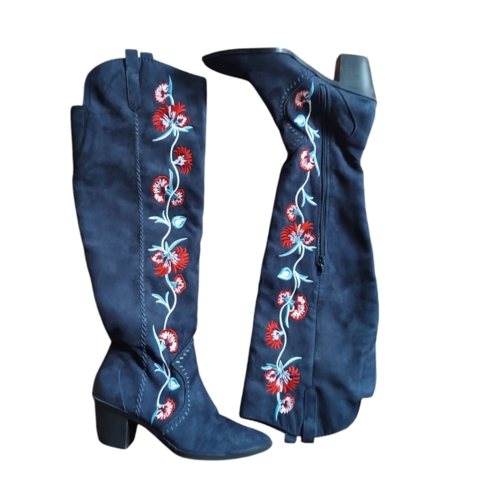 Carlos by Carlos Santana Alexia Floral Embroidered Knee-High Boots - Navy Blue - Picture 8 of 8